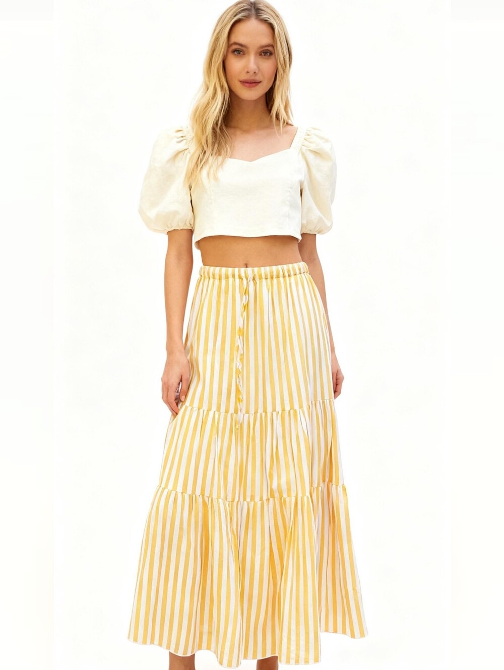 HIHO Striped Yellow Tiered Maxi Skirt Size S